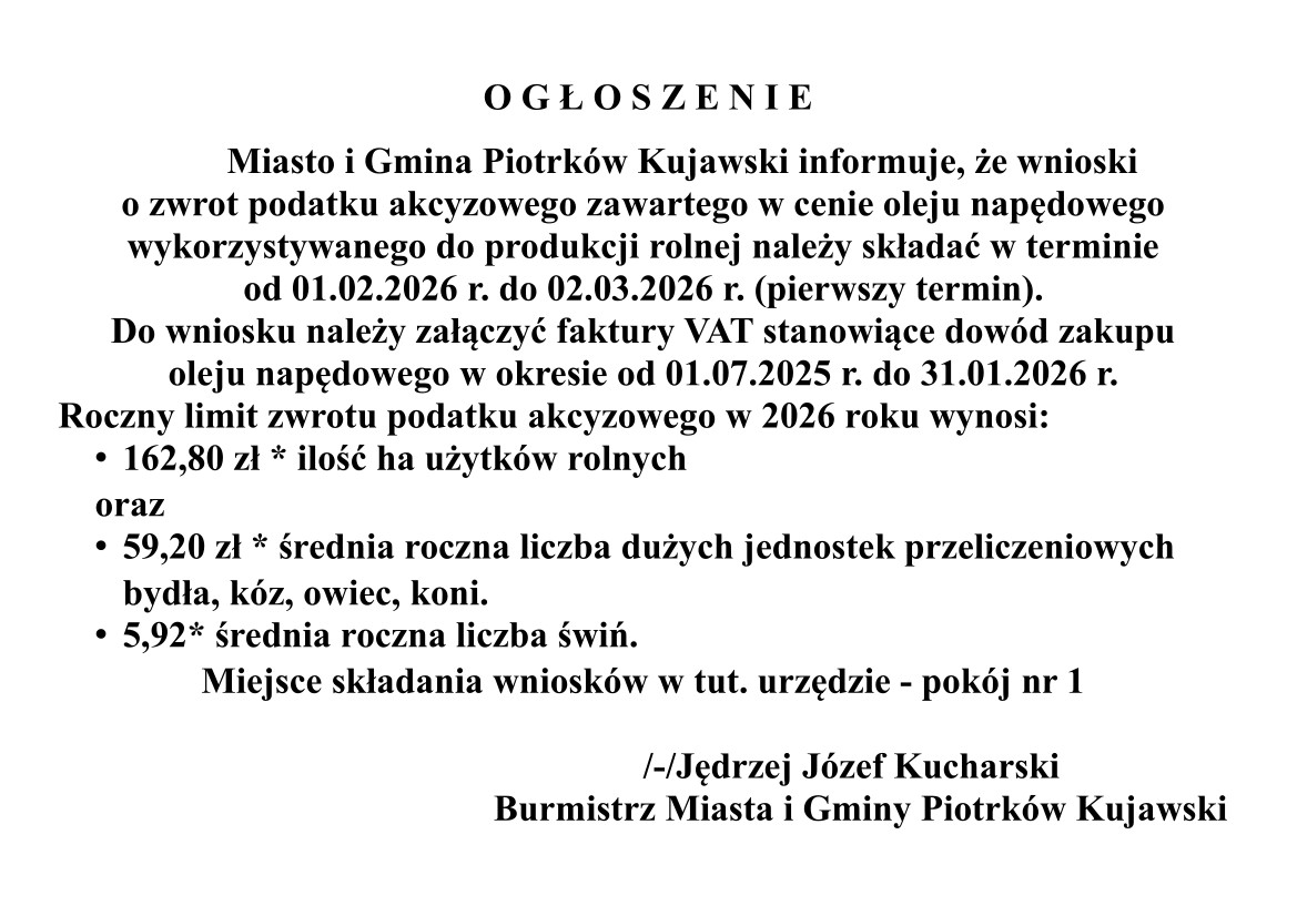 Ogłoszenie dot. zwrotu podatku akcyzowego dla rolników 